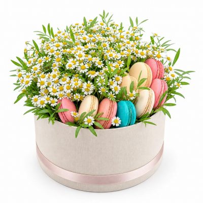 Цветы в коробке «Ромашки с макаронсами»
