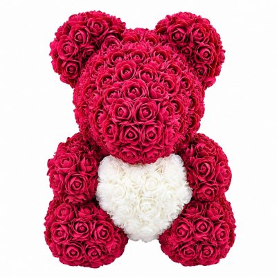 Мишка из роз фуксия с белым сердцем (40 см)